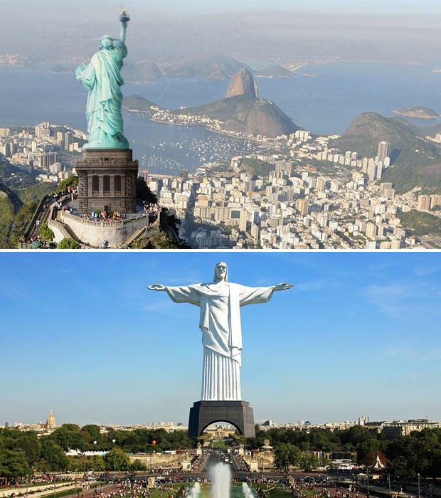 Fotos manipuladas digitalmente mostram a Estátua da Liberdade no Rio e o Cristo Redentor em Paris (Foto: Designcrowd.com/Divulgação)