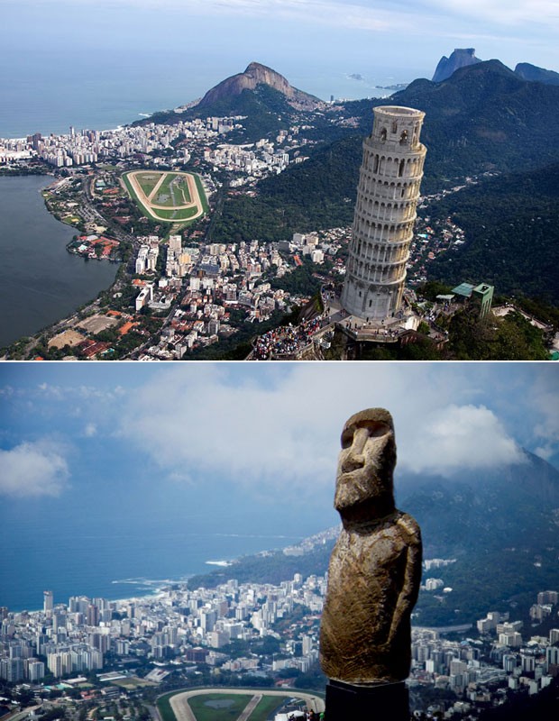 Imagens mostram Torre de Pisa e Estátua da Ilha de Páscoa no lugar do Cristo Redentor, no Rio (Foto: Designcrowd.com/Divulgação)