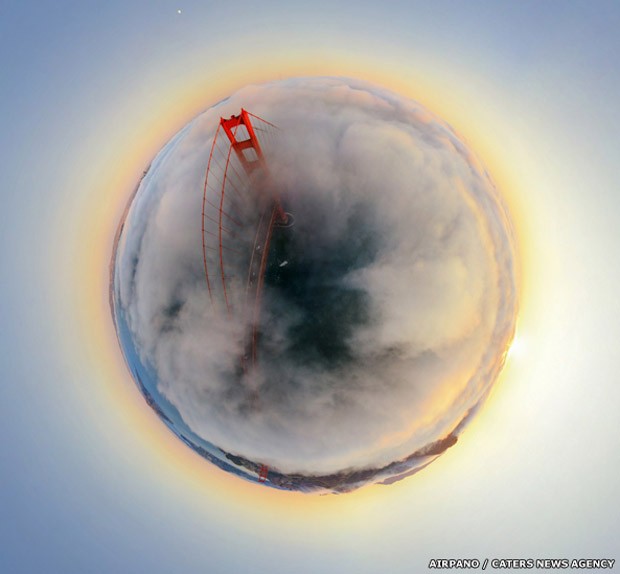 A ponte Golden Gate, em San Francisco, nos EUA, vista de cima e envolta pela névoa (Foto: AirPano/Caters News)