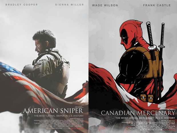 Bradley Cooper foi substituído por Deadpool, anti-herói da Marvel, em paródia de 'Sniper americano' (Foto: Divulgação e Reprodução/Ript Apparel)