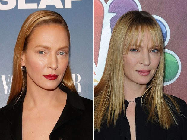 À esquerda, Uma Thurman nesta segunda-feira (9) durante evento em Nova York; à direita, em foto tirada menos de um mês antes, em 16 de janeiro, na Califórnia  (Foto: Robin Marchant/Getty Images/AFP e Angela Weiss/Getty Images North America/AFP)